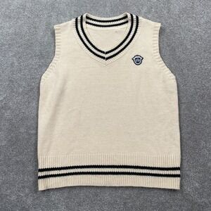 Vintage V Neck Knitted Pullover Sweater Vest Size M Ivory Sleeveless Crest Logo